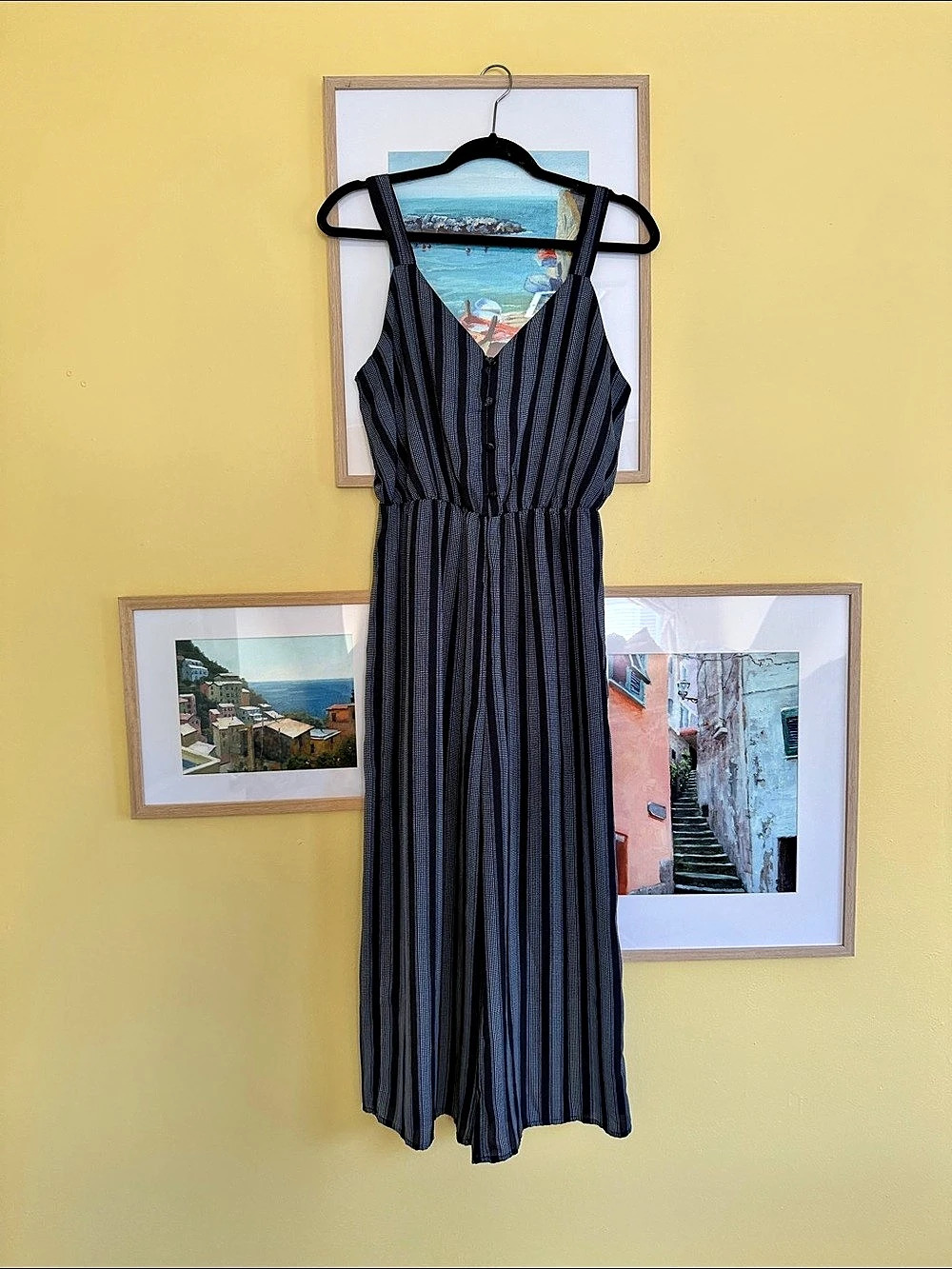 Sienna Sky Navy Striped Wide Leg Jumpsuit Size Medium Tie Back